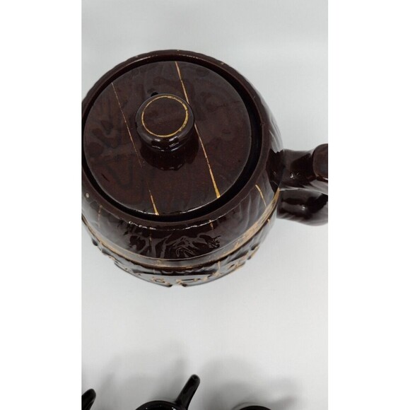VTG 5" Barrel Teapot With 3 Mini Sipping Cups MCM Brown Gold Pottery Small Japan - Picture 7 of 11